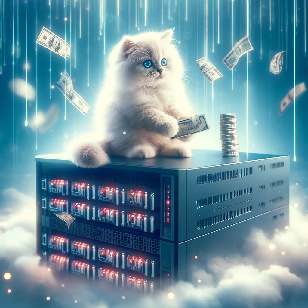 A picture of a confused looking fluffy kitty holding dollar bills while more dollar bills rain around them. Sitting alongside this adorable floof gleams a pile of silver coins that sound like they&rsquo;d clink against the web app servers on which they stand. You can almost hear the web app server fans whirring and sighing, especially given they are somehow levitating in ethereal clouds. In the background of the scene, diamond threads rain down; perhaps they are glowing fiber cables descending like meteors around our fluffy fiend with the thousand yard stare.