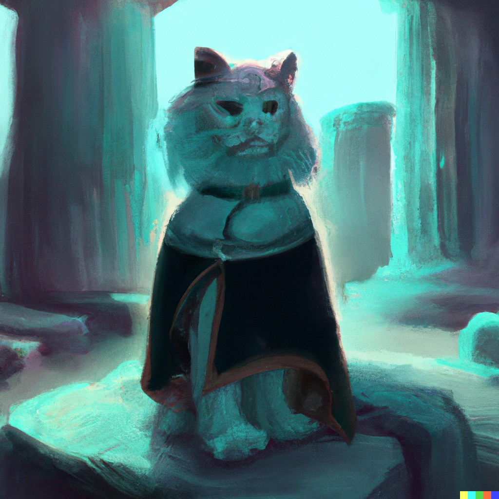 A painting of a cat in Socratic robes in an ancient greek temple.